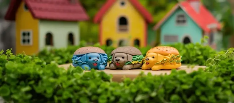 Brinquedos de vinil em formato de cachorrinho hambúrguer, em três cores