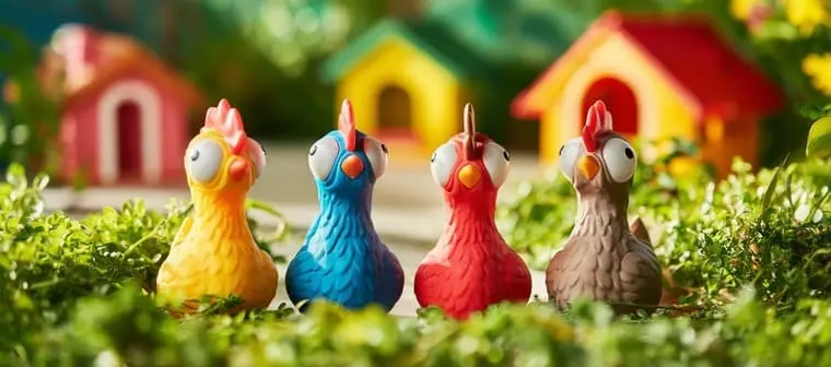 Brinquedos de vinil em formato de frango, nas cores amarela, azul, vermelha e marrom