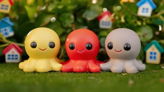 Brinquedos de vinil em formato de polvo sorridente, nas cores amarelo, vermelho e cinza